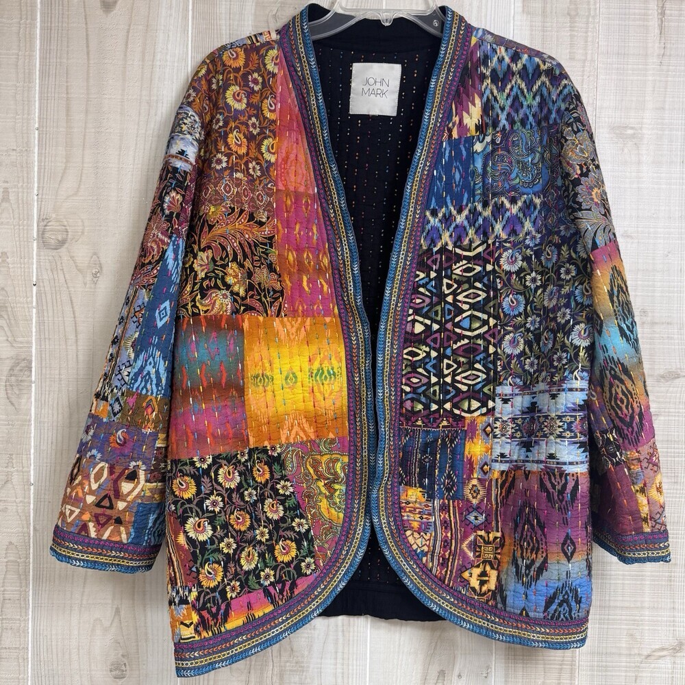 John Mark Women’s Patchwork Quilted Jacket | Boho Artisan Open Front Boutique L